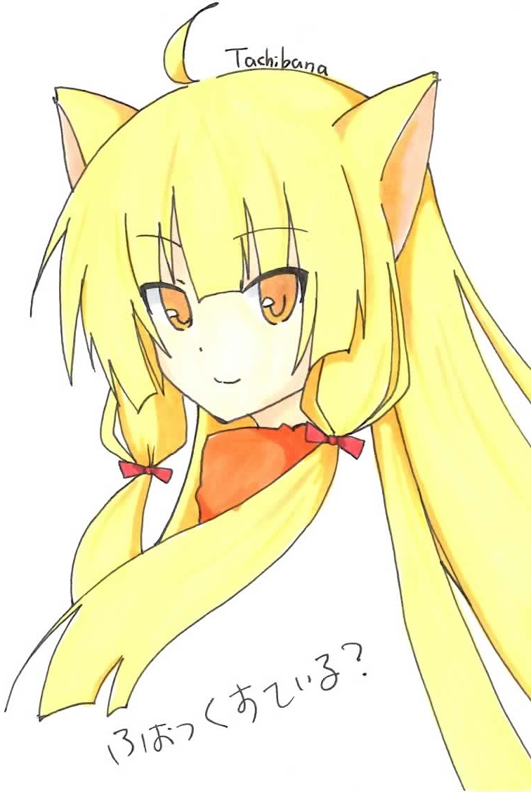 1girl, animal_ears, blonde_hair, long_hair, simple_background, smile, solo, translation_request