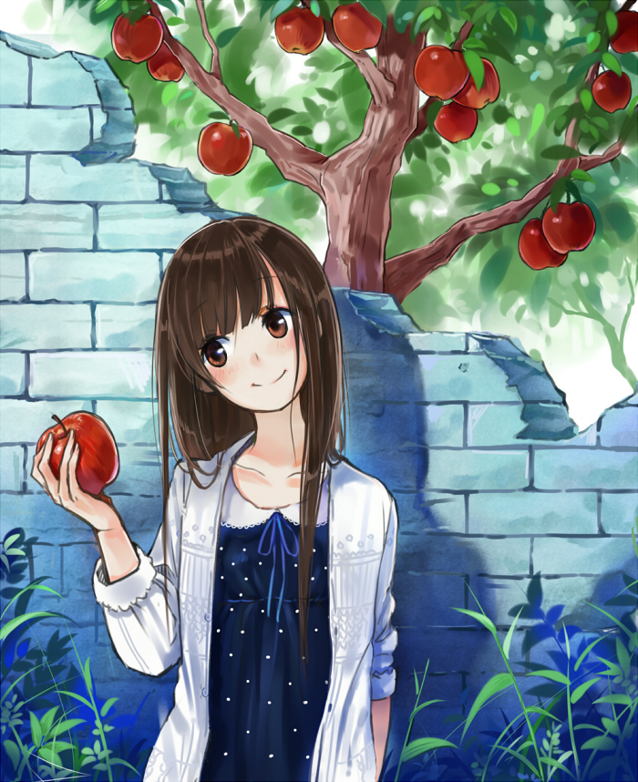 apple, brown_eyes, brown_hair, food, fruit, head_tilt, long_hair, maigo_(neko)