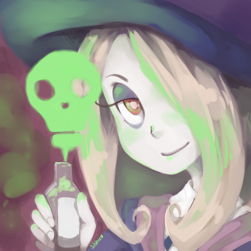 1girl, hair_over_one_eye, hat, little_witch_academia, lowres, potion, skull, smile, solo, solsticerose, sucy_manbabalan, witch, witch_hat