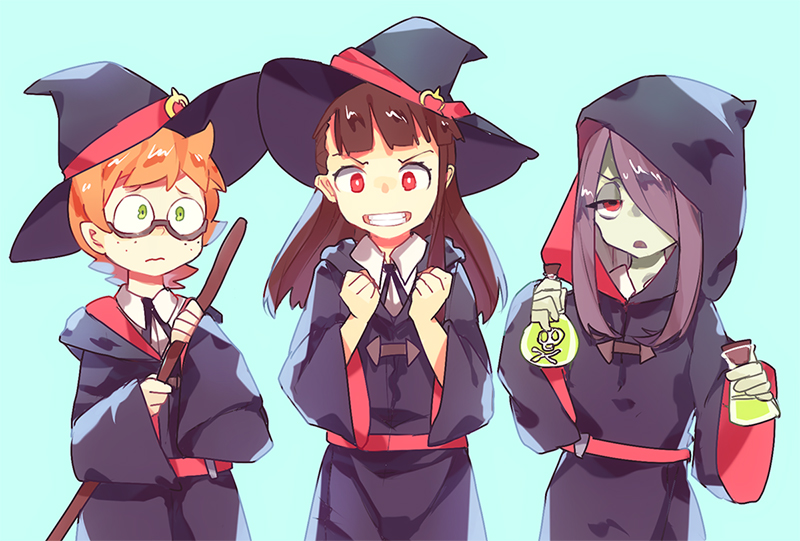 akko_kagari, brown_hair, freckles, glasses, hair_over_one_eye, hat, hood, little_witch_academia, lotte_yanson, orange_hair, purple_hair, saya556, sucy_manbabalan, witch, witch_hat