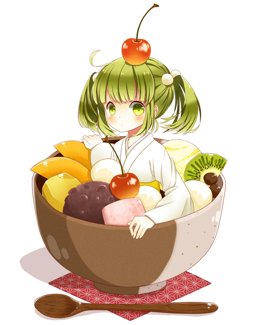1girl, blush, bowl, cherry, food, fruit, green_eyes, green_hair, hair_bobbles, hair_ornament, highres, kanako_(hiroko), kisume, kiwifruit, short_hair, solo, spoon, touhou, twintails