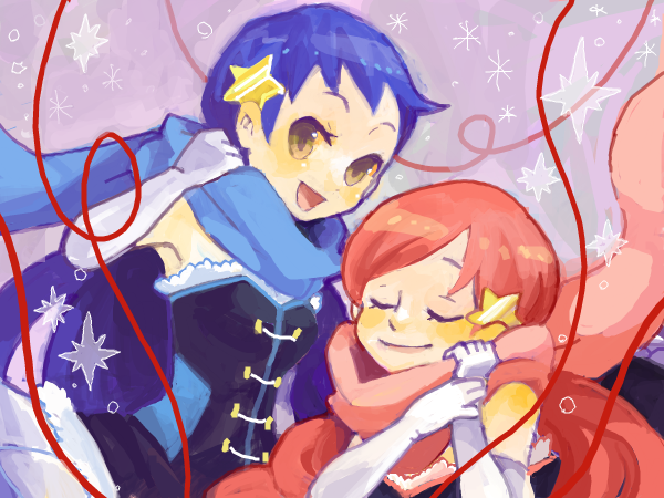 2girls, blue_hair, closed_eyes, double-h_(mawaru_penguindrum), drawr, elbow_gloves, gloves, hair_ornament