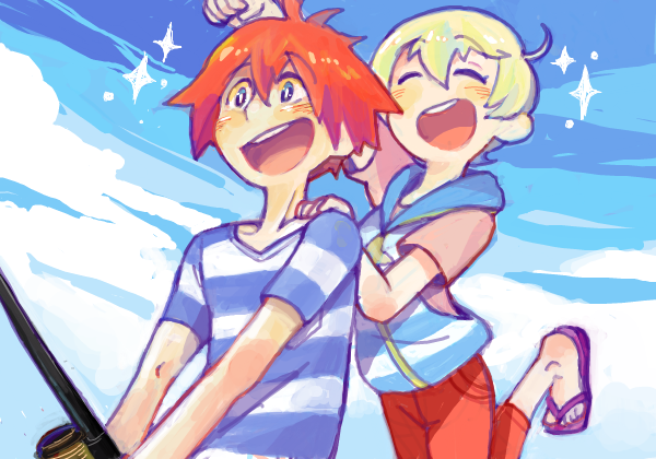 2boys, blonde_hair, drawr, fishing_rod, flip-flops, haru_(tsuritama), monokuro69, multiple_boys, open_mouth, redhead, sanada_yuki, sandals, smile, tsuritama