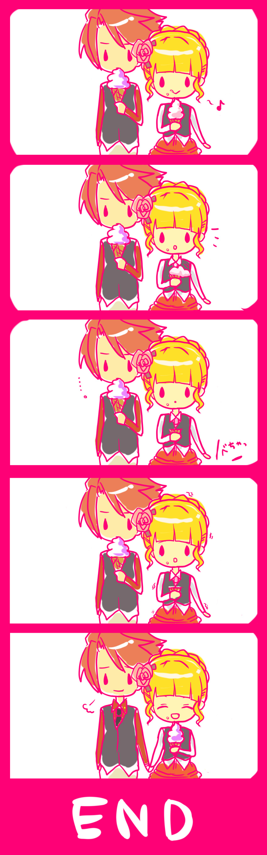 5koma, absurdres, beatrice, blonde_hair, chibi, comic, couple, food