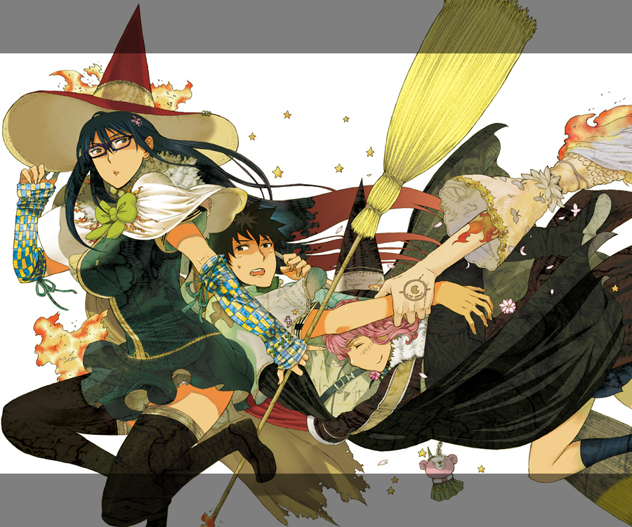 1boy, 2girls, broom, couple, glasses, hat, kagari_ayaka, mizunagi_ryuu