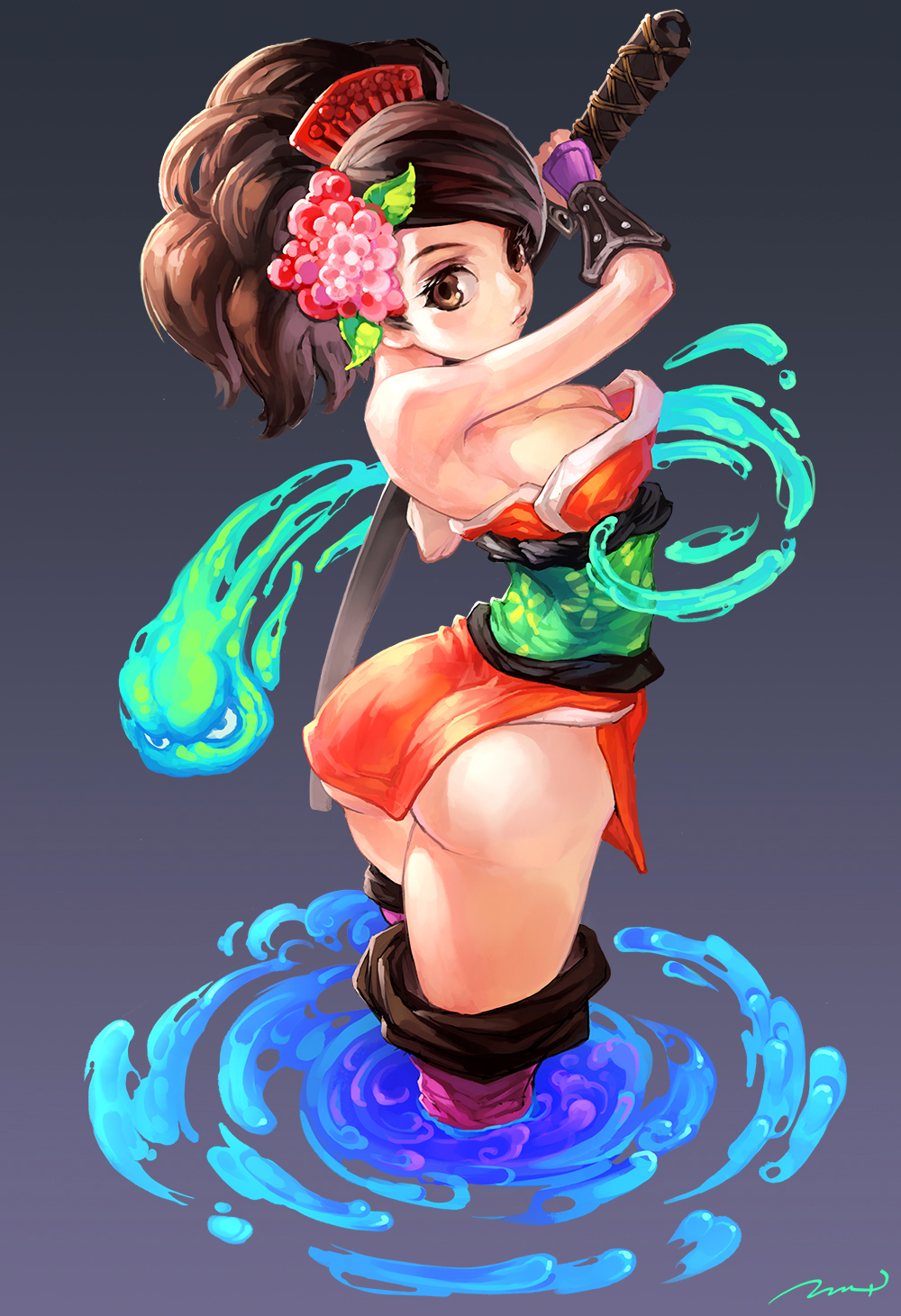 ass, breasts, brown_eyes, brown_hair, flower, hair_flower, hair_ornament, highres