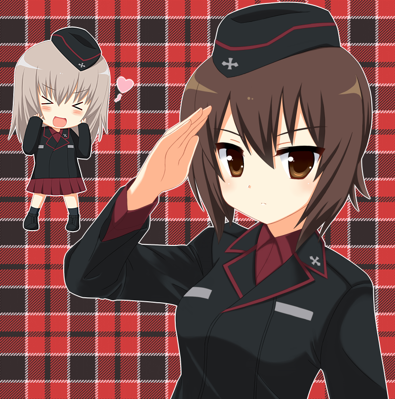 >_<, 2girls, blush, borubomu, brown_hair, chibi, girls_und_panzer, hat