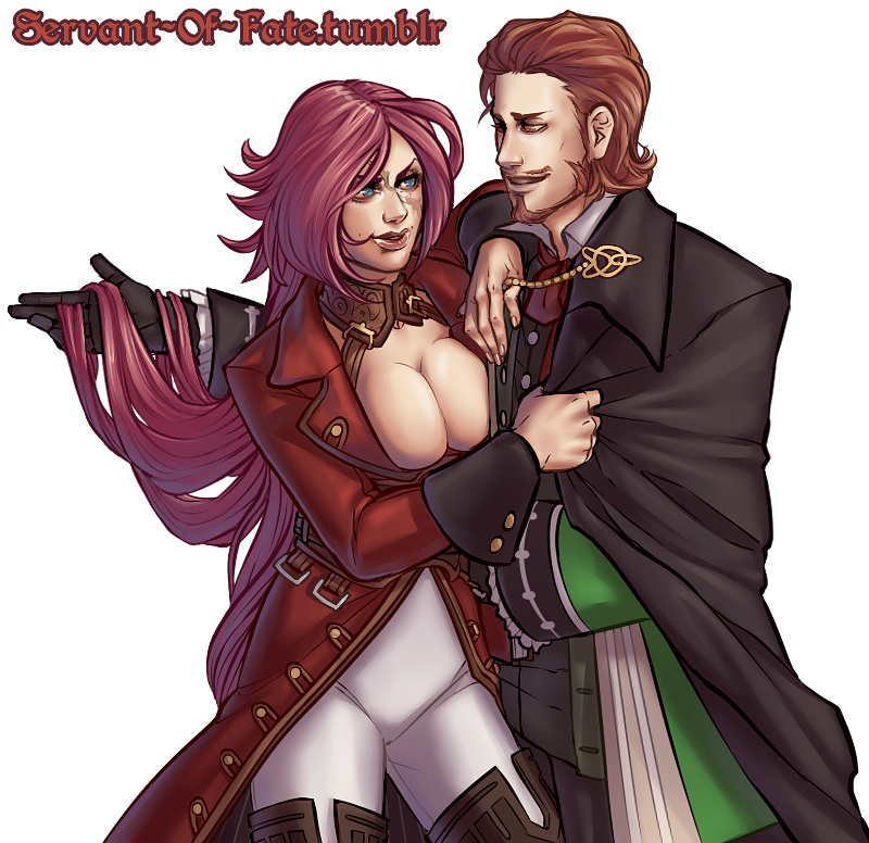 1boy, 1girl, beard, blue_eyes, breasts, brown_eyes, brown_hair, caster_of_red