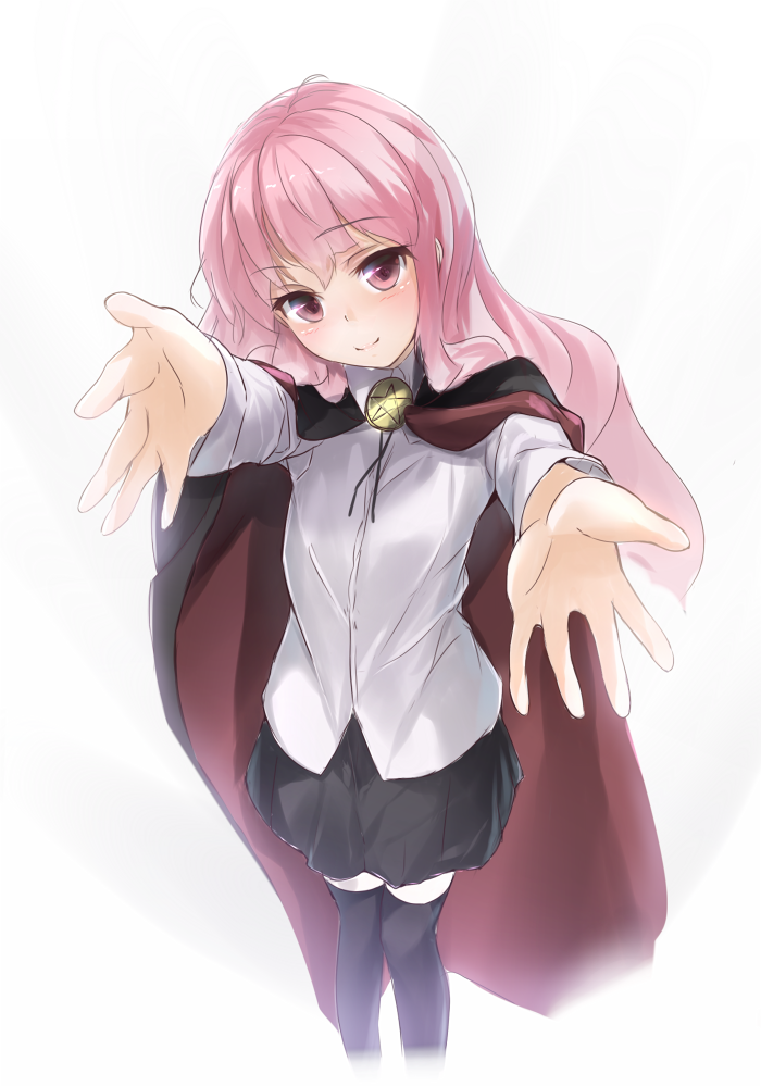 1girl, black_legwear, blush, cape, long_hair, louise_francoise_le_blanc_de_la_valliere, outstretched_arms, pentagram, pink_eyes, pink_hair, ribbon, school_uniform, skirt, smile, solo, star, thigh-highs, wingheart, yamaguchi_noboru_(author), zero_no_tsukaima