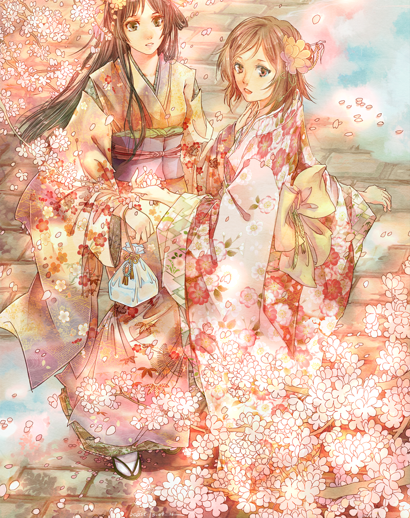 2girls, akiyama_mio, beast7, black_hair, blush, brown_eyes, brown_hair, flower, hime_cut, hirasawa_yui, japanese_clothes, k-on!, kimono, kimono_skirt, long_hair, multiple_girls, nature, open_mouth, short_hair, smile, yukata