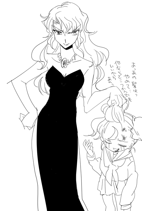 2girls, ahoge, bare_shoulders, breasts, bruise, bun_cover, child, cleavage, cybele_rou, cynthia_rou, cynthia_the_mission, double_bun, dress, forehead, formal, hair_pull, injury, jewelry, long_hair, multiple_girls, necklace, school_uniform, serafuku, short_hair, siblings, side_slit, sisters, sketch, strapless_dress, translation_request
