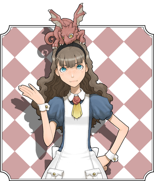 1girl, animal_on_head, apron, blue_eyes, brown_hair, dragon, dress, freckles, hairband, hand_on_head, long_hair, momo_tai, solo, wrist_cuffs, young