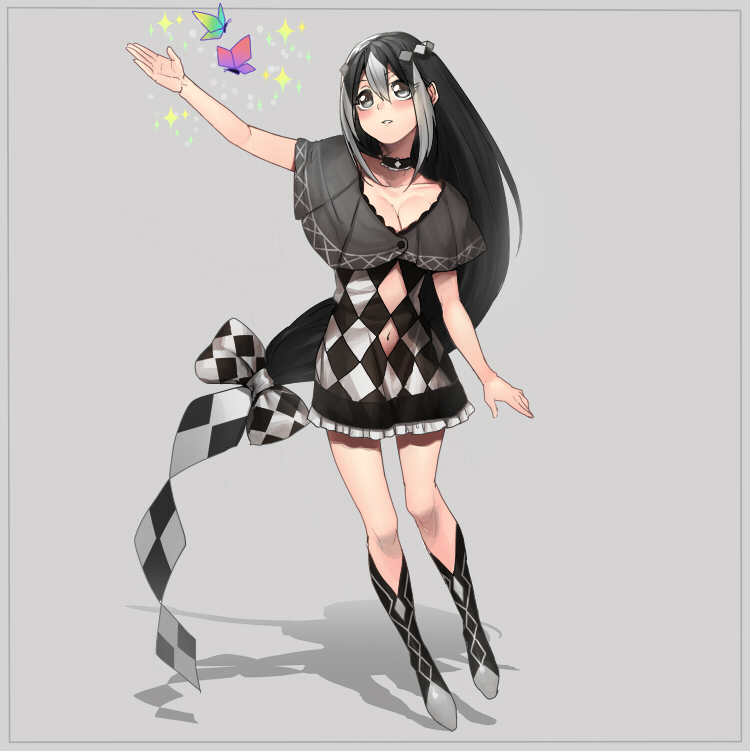 1girl, black_hair, blush, bow, breasts, butterfly, capelet, choker