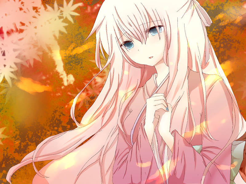 akahitoha_(vocaloid), autumn, bad_id, blue_eyes, japanese_clothes, kimono, long_hair, megurine_luka