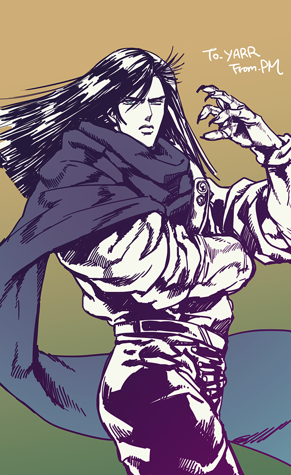 1boy, claws, gradient, gradient_background, jojo_no_kimyou_na_bouken, long_hair, pmushroom, scarf