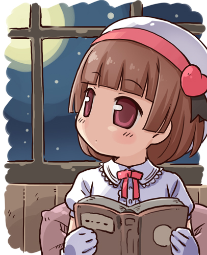 1girl, bangs, blunt_bangs, blush, book, brown_hair, gloves, hat