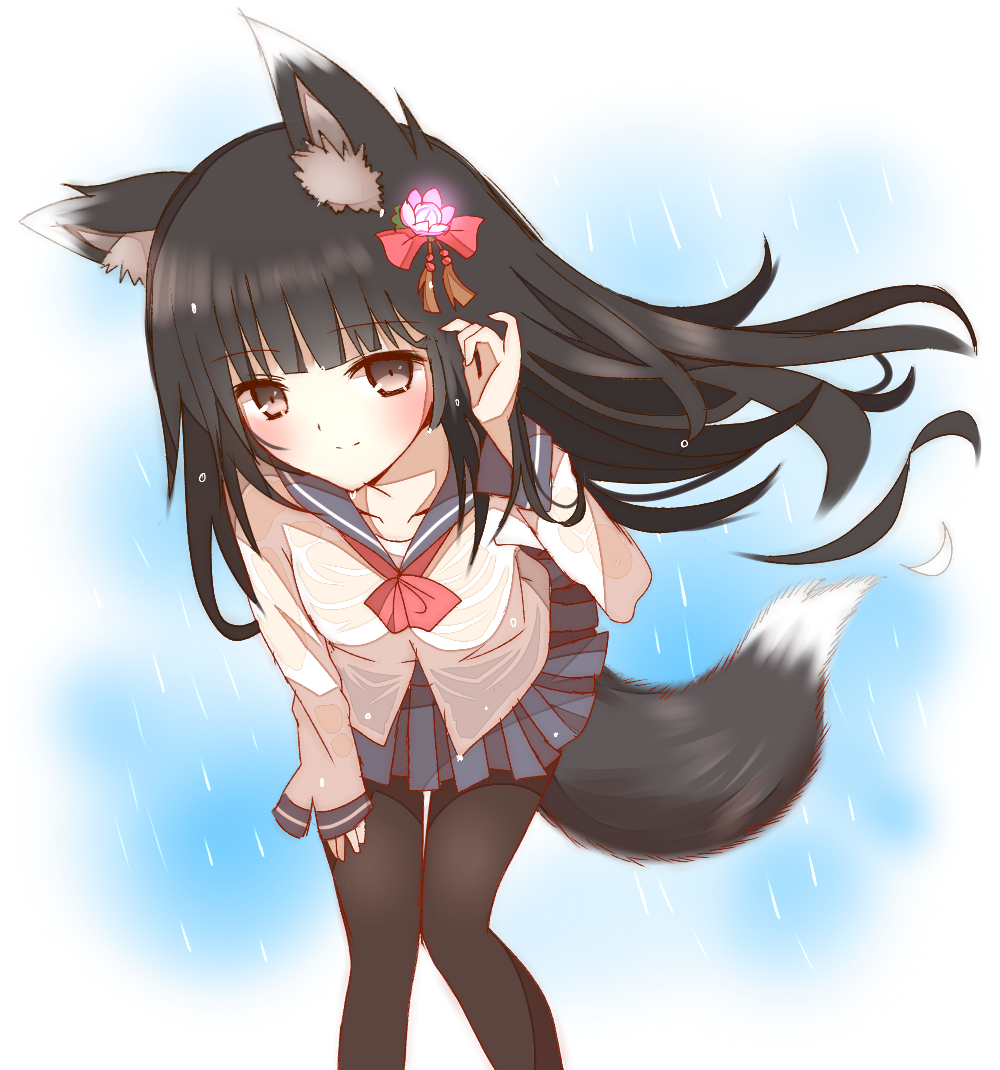 1girl, adjusting_hair, animal_ears, black_eyes, black_hair, black_legwear, fox_ears, fox_tail, hair_ornament, leaning_forward, long_sleeves, non_(wednesday-classic), original, pantyhose, rain, school_uniform, solo, sweater_vest, tagme, tail, wet, wet_clothes