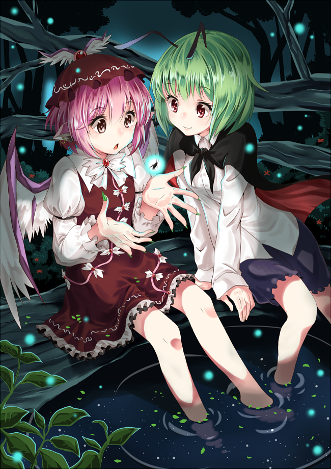 2girls, animal_ears, antennae, bug, cape, danzero, dress, earrings, feet_in_water, fingernails, green_hair, hat, jewelry, multiple_girls, mystia_lorelei, nail_polish, open_mouth, pink_eyes, pink_hair, red_eyes, sharp_fingernails, short_hair, shorts, single_earring, sitting, smile, soaking_feet, touhou, water, wings, wriggle_nightbug