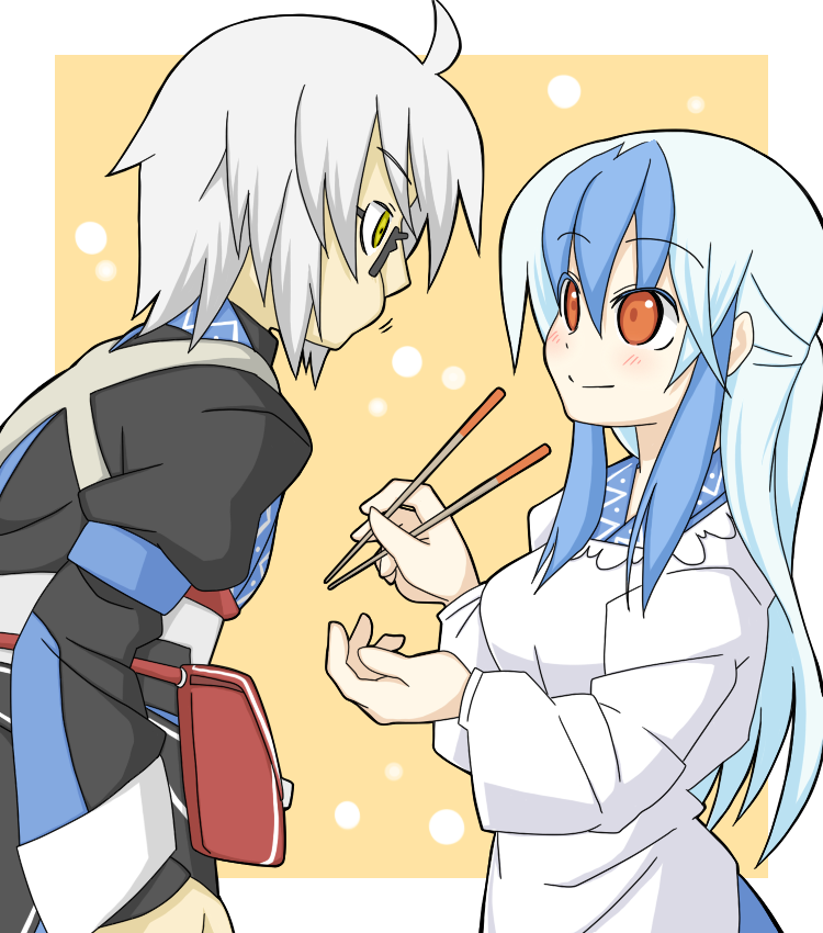 1boy, 1girl, ahoge, apron, blue_hair, blush, chopsticks, couple, eating, glasses, grey_hair, hetero, kamishirasawa_keine, long_hair, morichika_rinnosuke, no_hat, no_headwear, red_eyes, sag_(karehabase), smile, touhou, white_hair, yellow_eyes