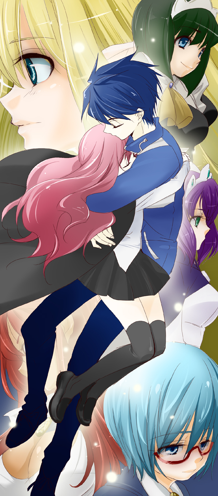 1boy, 6+girls, black_legwear, blonde_hair, blue_eyes, blue_hair, breasts, cape