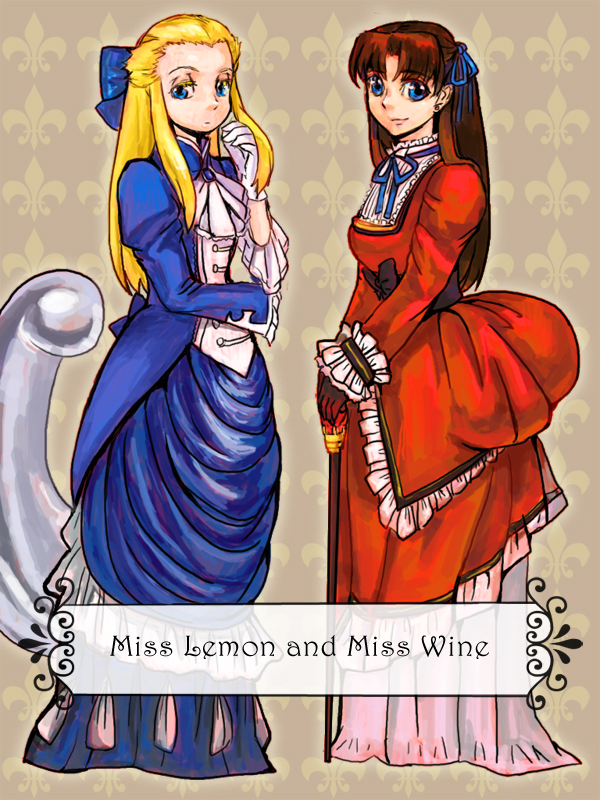 2girls, blonde_hair, blue_eyes, bow, brown_hair, dress, fate/zero, fate_(series), formal, genderswap, hair_bow, hair_ribbon, kayneth_archibald_el-melloi, long_hair, mercury, multiple_girls, ribbon, teapotkaede, toosaka_tokiomi, volumen_hydrargyrum