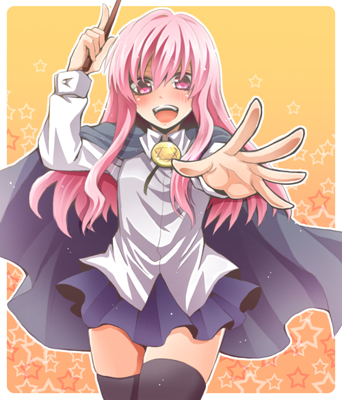1girl, black_legwear, blush, cape, long_hair, louise_francoise_le_blanc_de_la_valliere, pentagram, pink_eyes