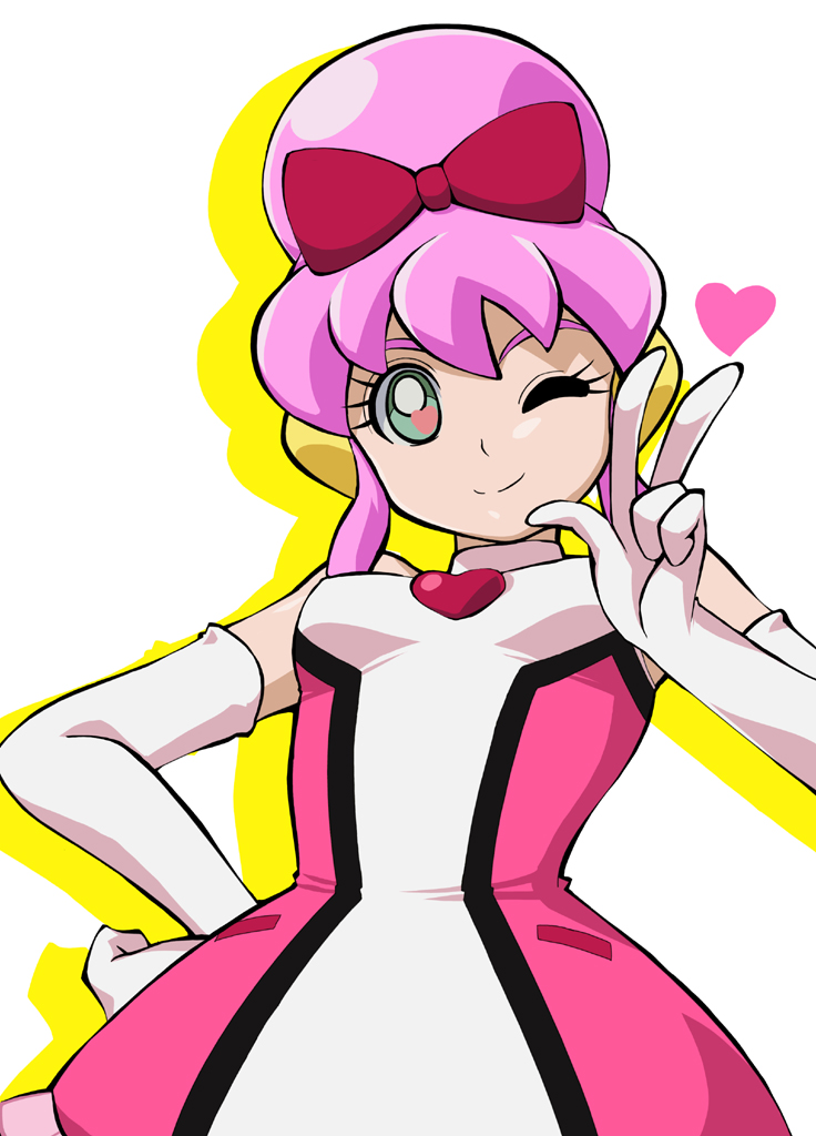 1girl, bare_shoulders, battle_spirits, battle_spirits:_shounen_toppa_bashin, bow, breasts, bust, dress, elbow_gloves, eyelashes, flat_chest, foreshortening, gloves, green_eyes, hair_bow, hair_bun, hand_on_hip, heart, heart-shaped_pupils, ik, ikumi_tan, looking_at_viewer, my_sunshine, payot, pink_hair, shadow, short_dress, short_hair, simple_background, skirt, smile, solo, standing, symbol-shaped_pupils, turtleneck, v, white_gloves, wink