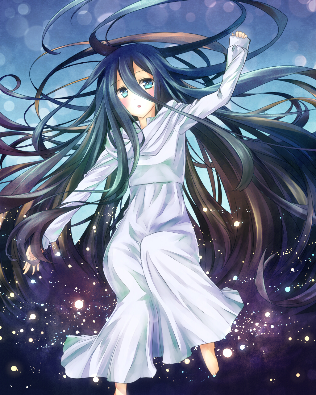1girl, absurdly_long_hair, black_hair, dansai_bunri_no_crime_edge, green_eyes, highres, long_hair, mushianokouji_iwai