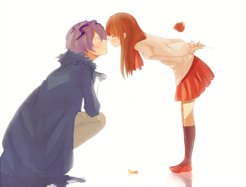 1boy, 1girl, after_kiss, blush, brown_hair, closed_eyes, coat, couple