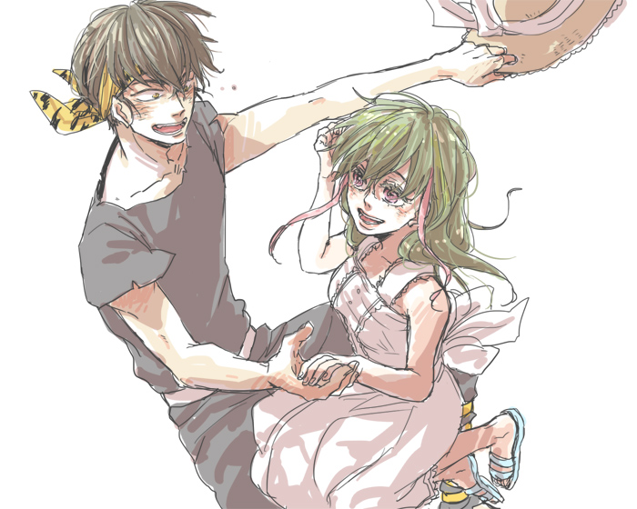 1boy, 1girl, brown_hair, couple, dress, green_hair, hat, headband
