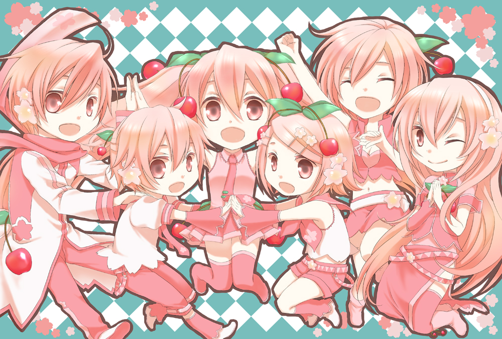 belt, boots, checkered, checkered_background, cherry, detached_sleeves, flower, food, food_as_clothes, food_themed_clothes, fruit, hair_flower, hair_ornament, hairclip, hands_together, hatsune_miku, jumping, kagamine_len, kagamine_rin, kaito, long_hair, megurine_luka, meiko, midriff, navel, necktie, open_mouth, pink_eyes, pink_hair, sakura_kaito, sakura_len, sakura_luka, sakura_meiko, sakura_miku, sakura_rin, scarf, short_hair, skirt, smile, so_(gilgamesnight), thigh-highs, thigh_boots, very_long_hair, vocaloid, wink