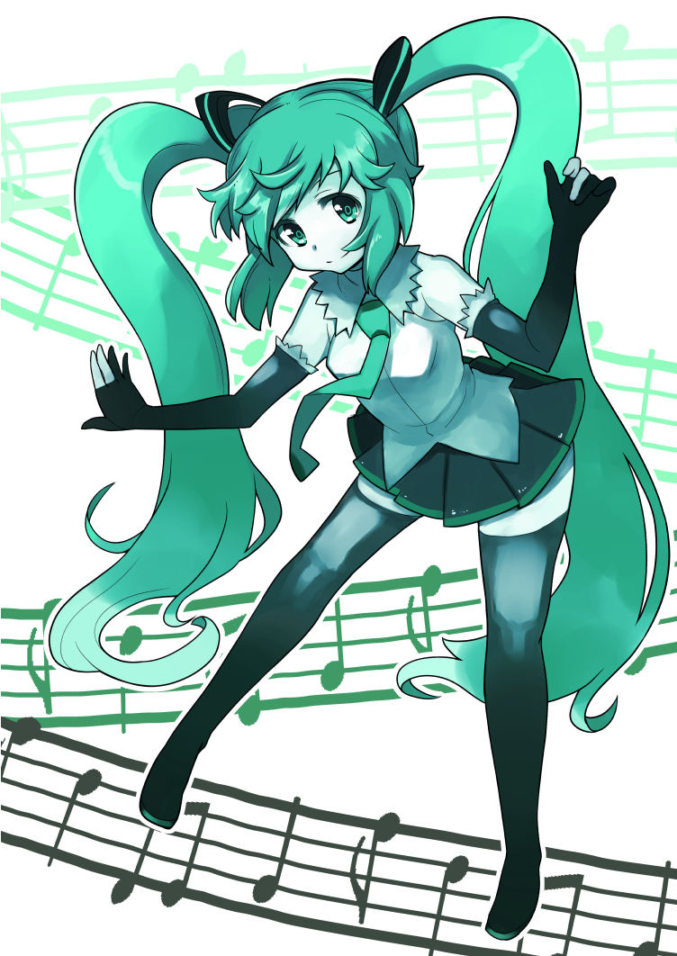 1girl, aqua, aqua_hair, azuse_neko, color_request, elbow_gloves, gloves, hatsune_miku, long_hair, looking_at_viewer, miniskirt, monochrome, musical_note, skirt, solo, tagme, teal, thigh-highs, twiintails, very_long_hair, vocaloid, zettai_ryouiki