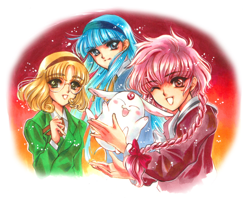 3girls, blazer, blonde_hair, blue_eyes, blue_hair, braid, clamp_(style), creature