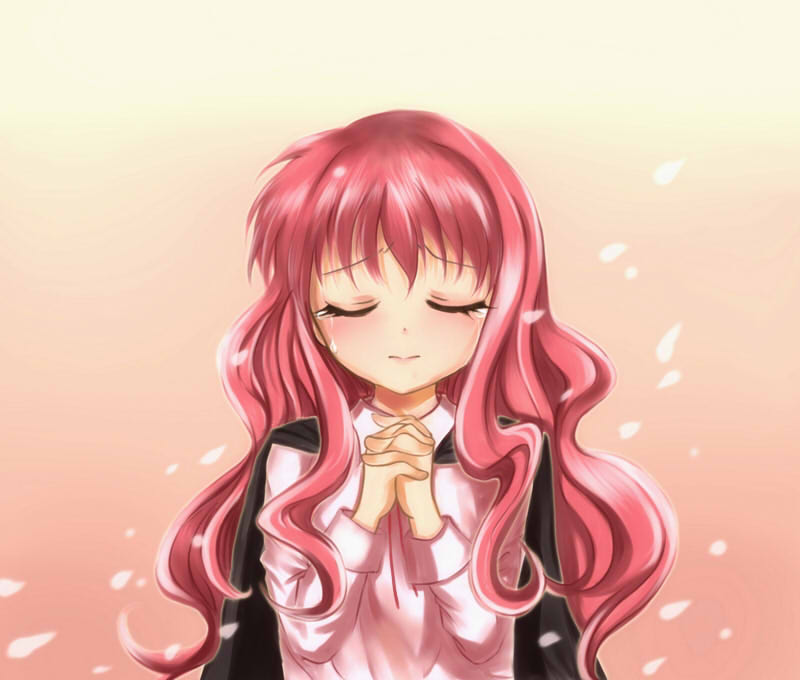 1girl, cape, cherry_blossoms, closed_eyes, hands_clasped, long_hair, louise_francoise_le_blanc_de_la_valliere, petals, pink_hair, tears, yamaguchi_noboru_(author), yuemanhuaikong, zero_no_tsukaima
