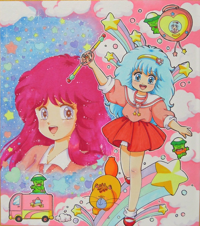 2girls, 80s, arm_up, blue_eyes, blue_hair, bobby_socks, cat, dress, dual_persona, gera_gera_(persia), hairband, heart, long_hair, mahou_no_yousei_persia, mary_janes, meso_meso_(persia), mikiky, multiple_girls, oldschool, persia, pink_hair, puri_puri_(persia), red_dress, shirt, shoes, simba_(persia), skirt, smile, socks, standing_on_one_leg, star, traditional_media, wand