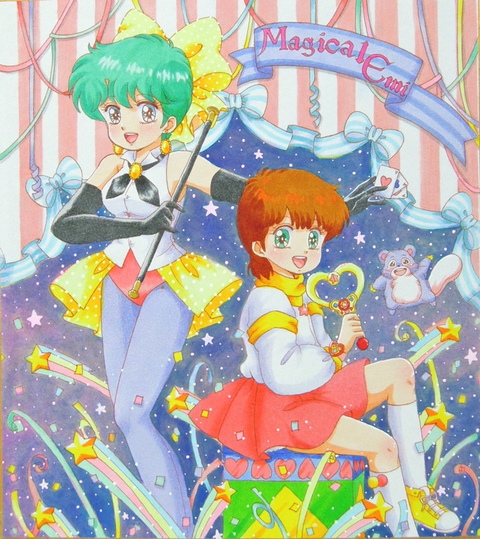 2girls, 80s, black_gloves, blue_eyes, bow, brown_hair, character_name, dual_persona
