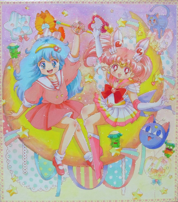 2girls, arm_up, bishoujo_senshi_sailor_moon, blue_eyes, blue_hair, bobby_socks, boots, bow, brooch, cat, chibi_usa, choker, crescent_moon, crystal_carillon, double_bun, dress, earrings, gera_gera_(persia), gloves, hair_ornament, hairband, hairpin, heart, jewelry, long_hair, luna-p, luna_(sailor_moon), magical_girl, mahou_no_yousei_persia, mary_janes, meso_meso_(persia), mikiky, moon, multiple_girls, persia, pink_dress, pink_hair, puri_puri_(persia), red_eyes, ribbon, sailor_chibi_moon, sailor_collar, shoes, short_hair, simba_(persia), skirt, smile, socks, sparkle, star, super_sailor_chibi_moon, tiara, traditional_media, twintails, wand, white_gloves