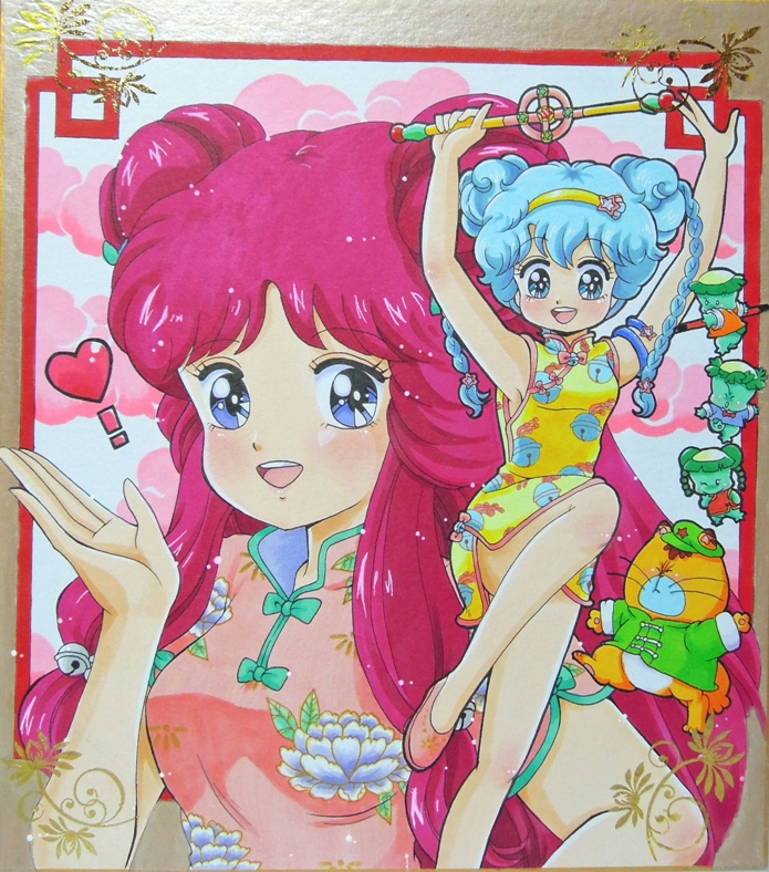 2girls, 80s, blue_eyes, blue_hair, braid, cat, china_dress, chinese_clothes, creature, double_bun, dual_persona, gera_gera_(persia), hairband, heart, long_hair, mahou_no_yousei_persia, meso_meso_(persia), mikiky, multiple_girls, oldschool, persia, pink_hair, puri_puri_(persia), shoes, short_hair, simba_(persia), smile, standing_on_one_leg, traditional_media, twin_braids, twintails, wand