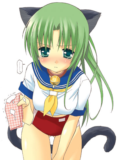 bell, bloomers, blush, buruma, cat_ears, collar, green_eyes, green_hair