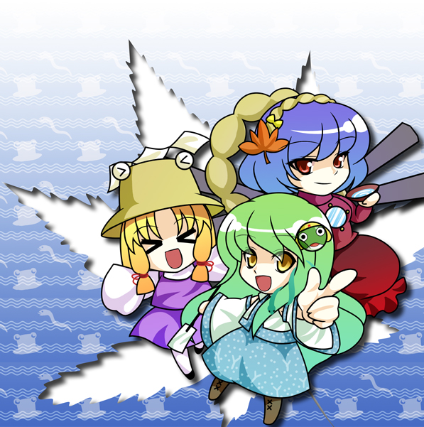 blonde_hair, chibi, detached_sleeves, eyes, frog, green_hair, hair_ornament, hat