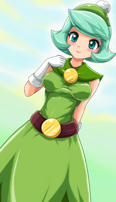 aqua_hair, belt, blush, dress, elbow_gloves, gloves, green_dress, green_hair, hat, queen_merelda, short_hair, sigurdhosenfeld, smile, solo, wario_land, wario_land:_shake_it!, white_gloves