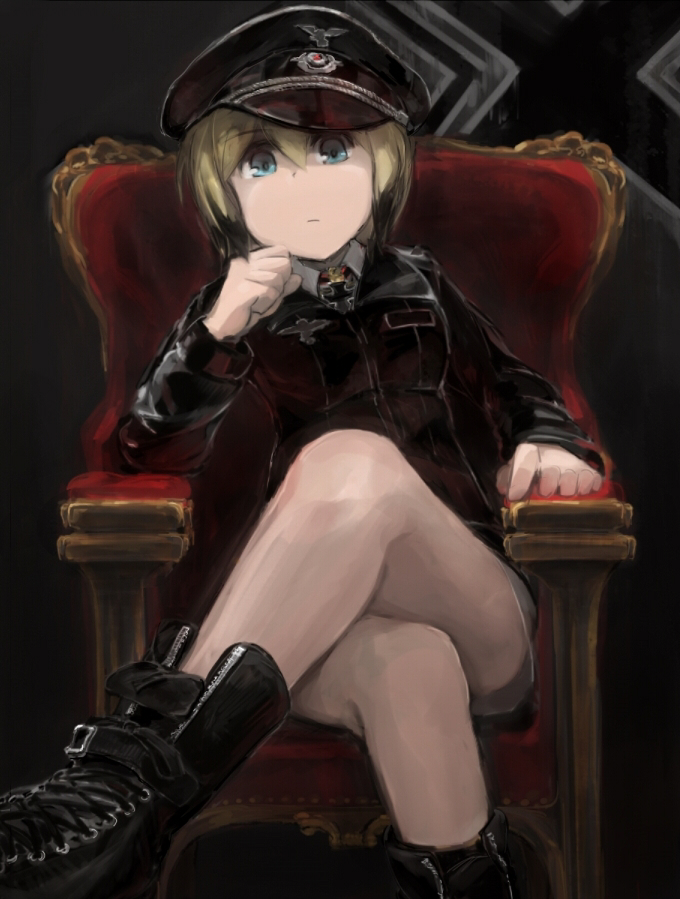 1girl, blonde_hair, blue_eyes, chair, combat_boots, crossed_legs, erica_hartmann, futenesira