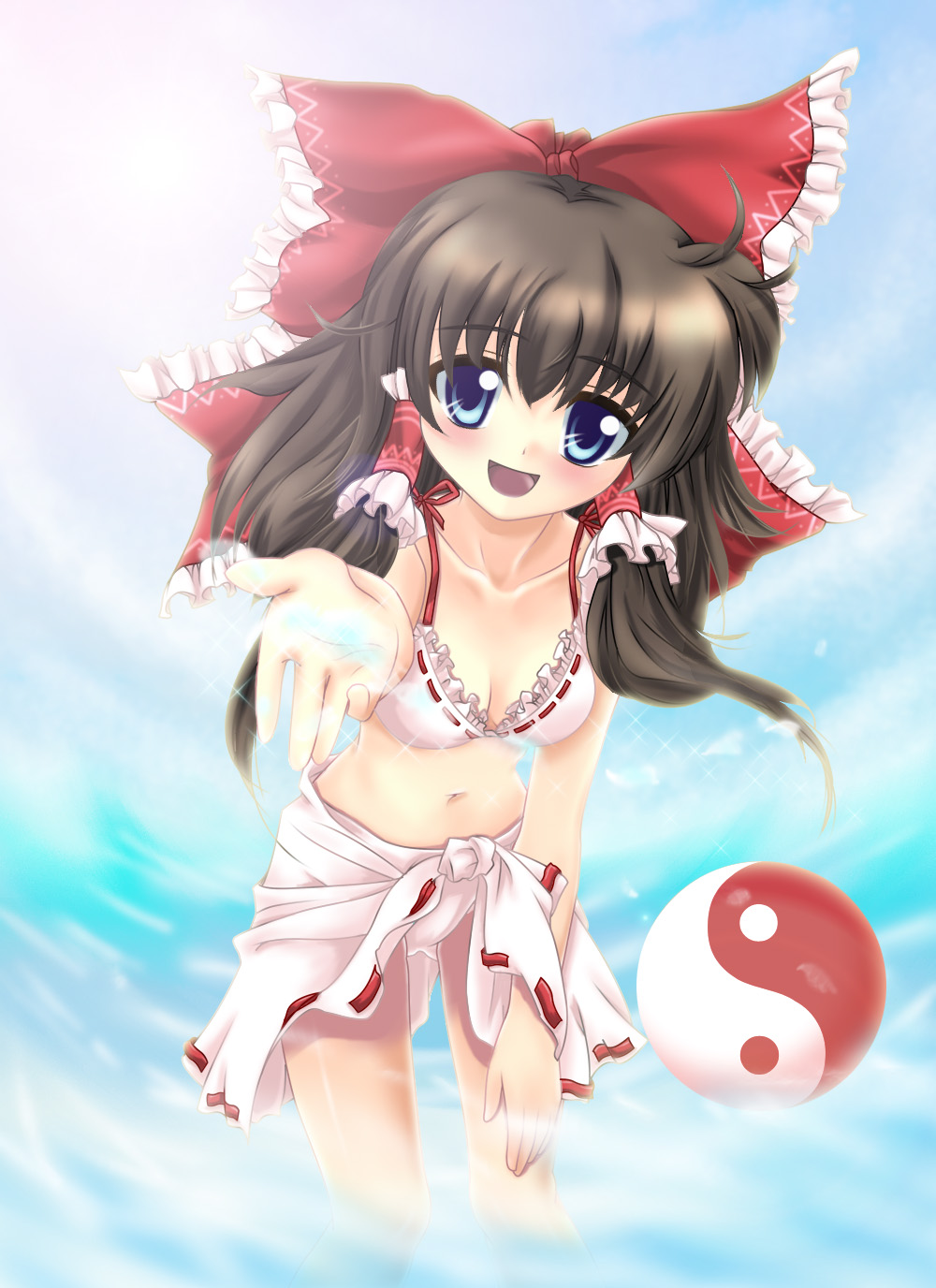 blue_eyes, bow, brown_hair, frilled_bikini, frills, hakurei_reimu, highres, juuniya_gekkatsuru, long_hair, miko_swimsuit, sarong, splash, swimsuit, touhou, yin_yang