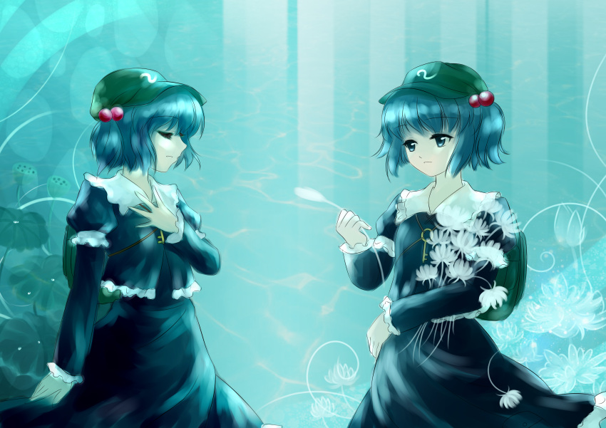 backpack, bag, blue_eyes, blue_hair, dual_persona, hair_bobbles, hair_ornament, hat