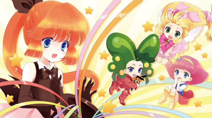 4girls, :o, artist_request, blonde_hair, blue_eyes, bow, bowtie, chibi