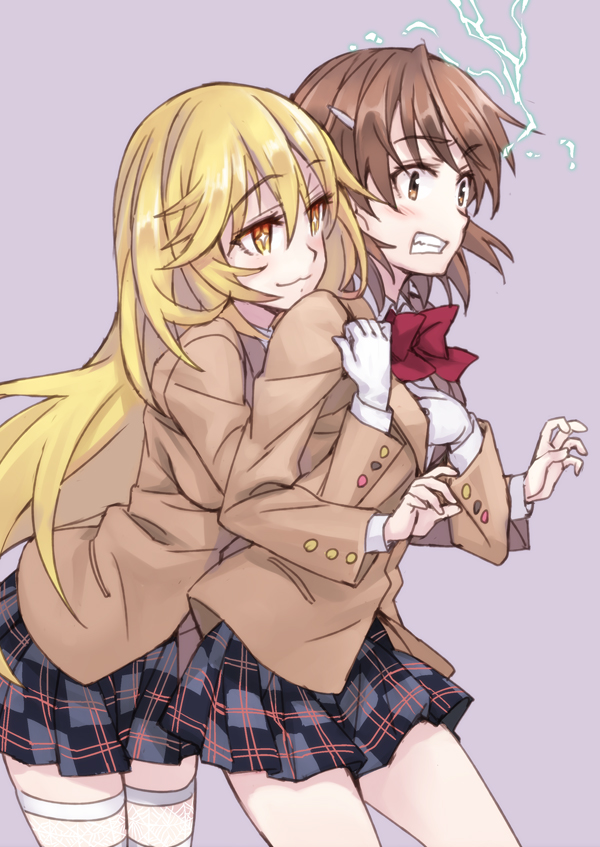 +_+, 2girls, :3, blonde_hair, blush, brown_eyes, brown_hair, electricity