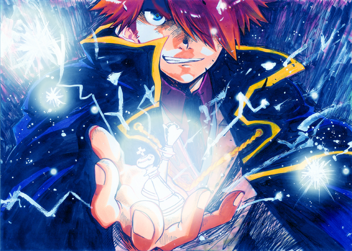 1boy, blue_eyes, cape, chess, chess_piece, cloak, harumachi_(hi-sugar), light