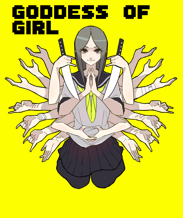 1girl, bandages, black_hair, english, eyelashes, grey_eyes, karana_mudra, knife