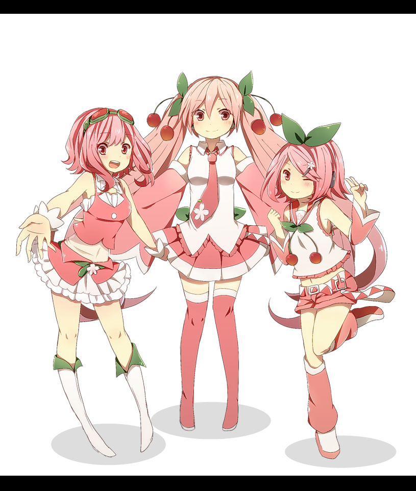 3girls, :d, ;), boots, cherry, detached_sleeves, food, food_as_clothes