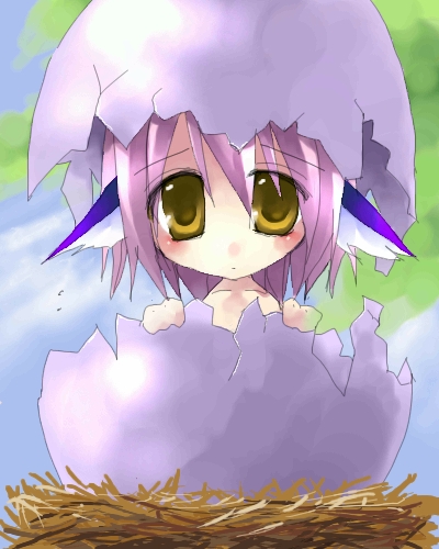 amber_eyes, asahina, blush, brown_eyes, dragon_ears, egg, eggshell_hat, hatching